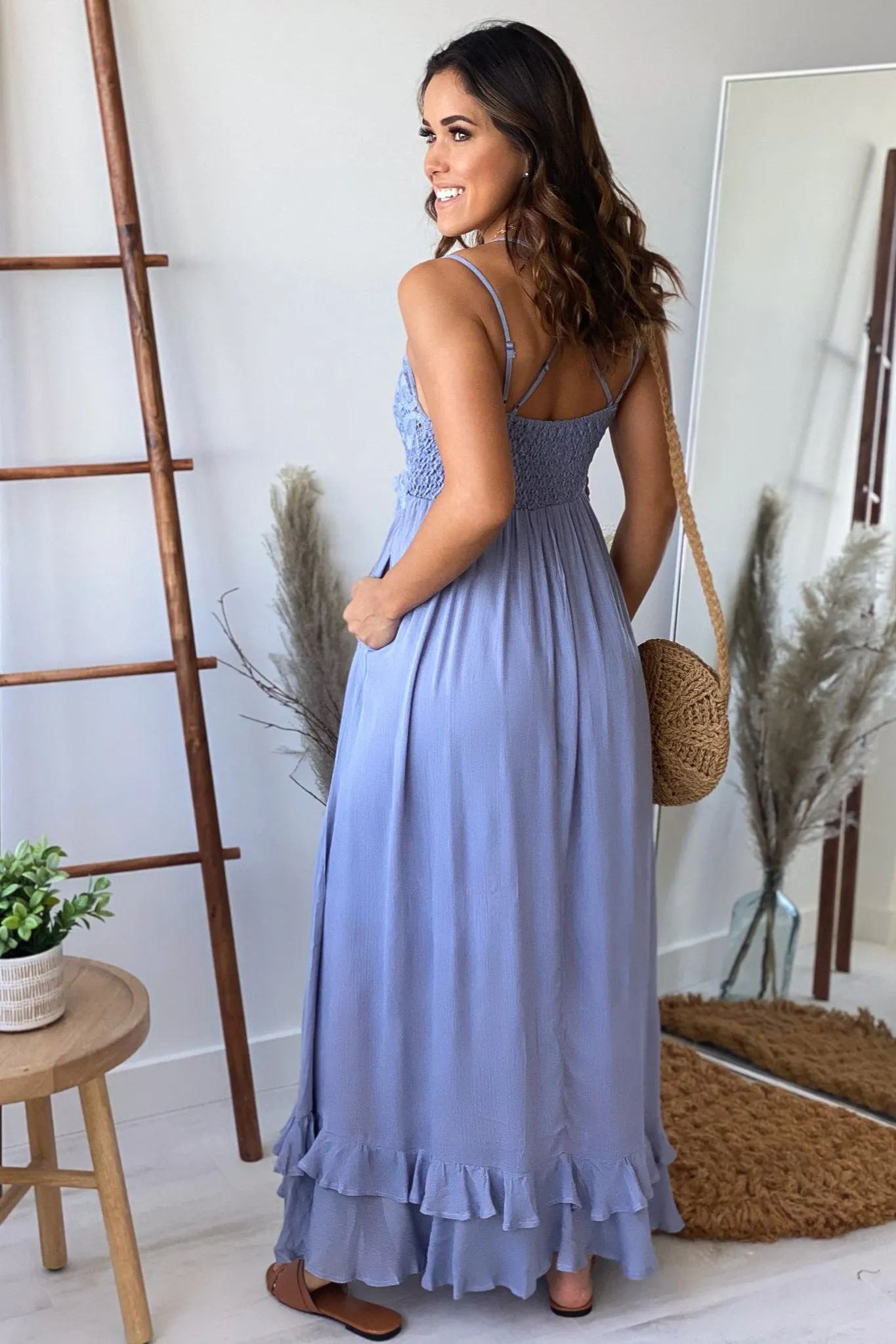 Dusty Blue Lace Top Maxi Dress