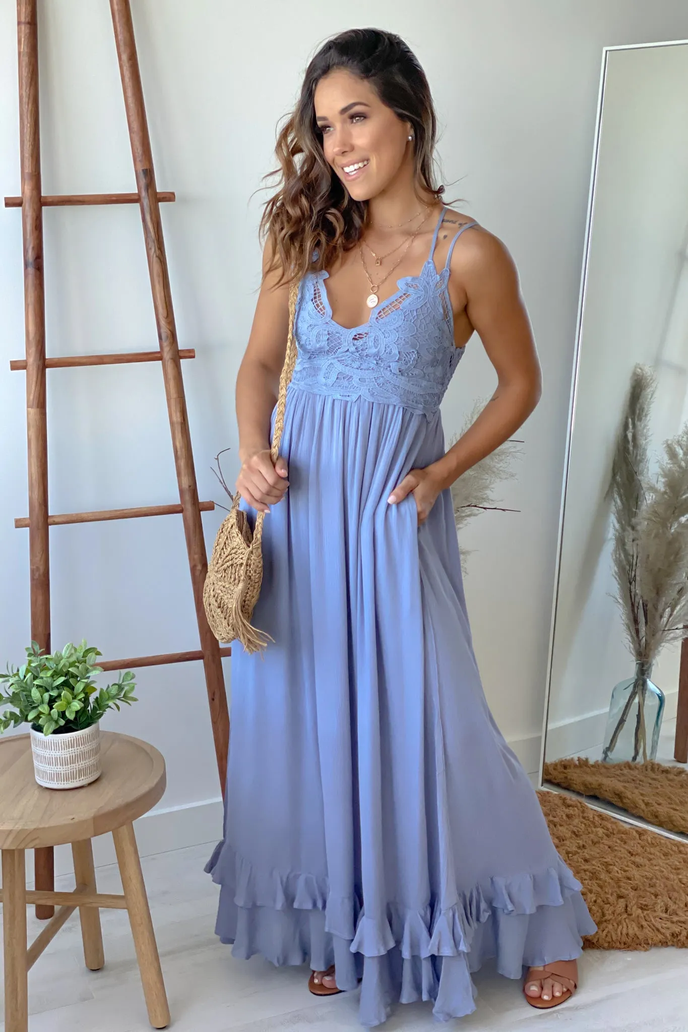 Dusty Blue Lace Top Maxi Dress