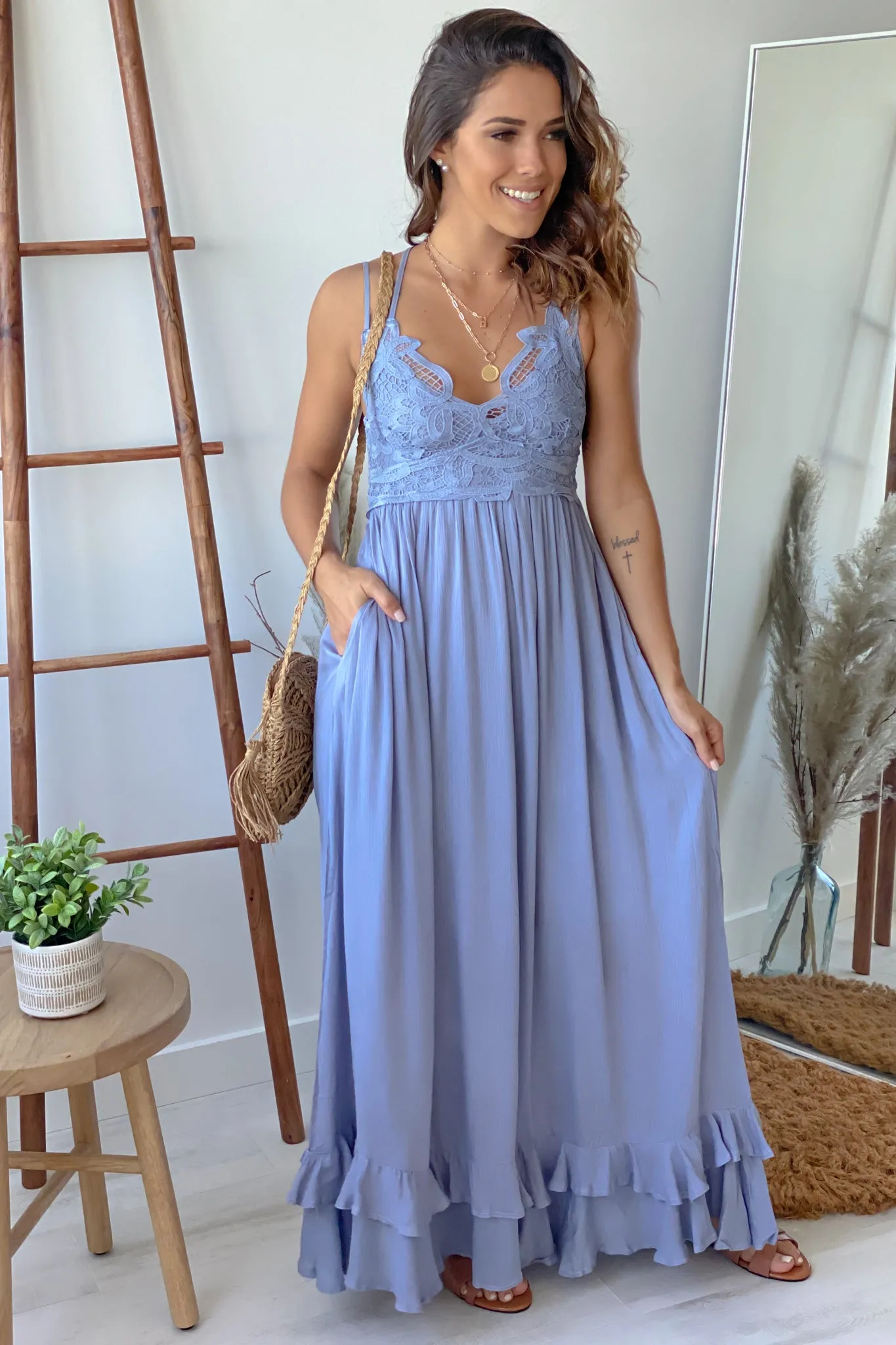 Dusty Blue Lace Top Maxi Dress