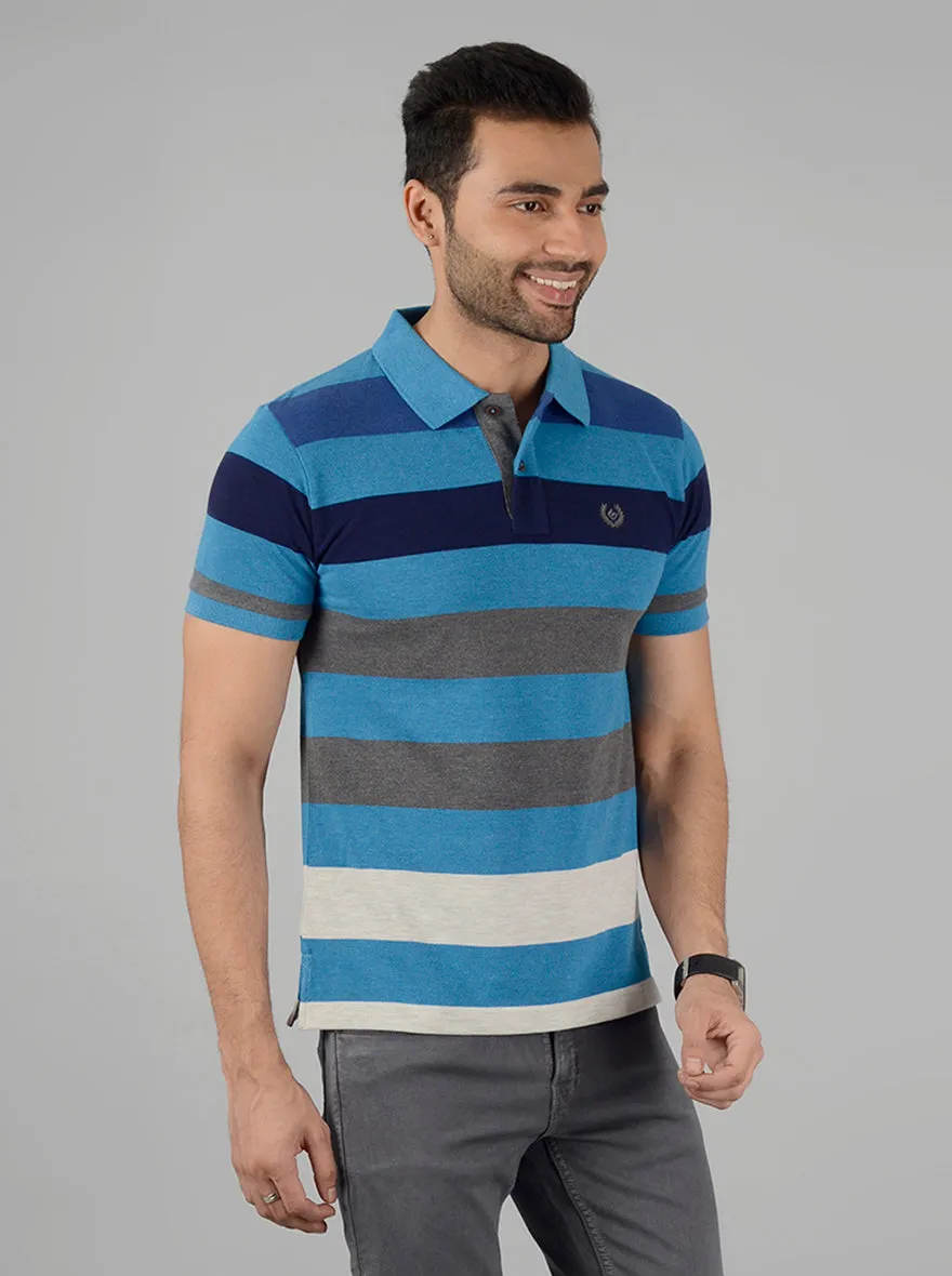 Ecru & Blue Striped Slim Fit Polo T-Shirt | Greenfibre