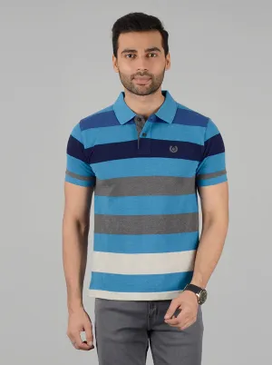 Ecru & Blue Striped Slim Fit Polo T-Shirt | Greenfibre