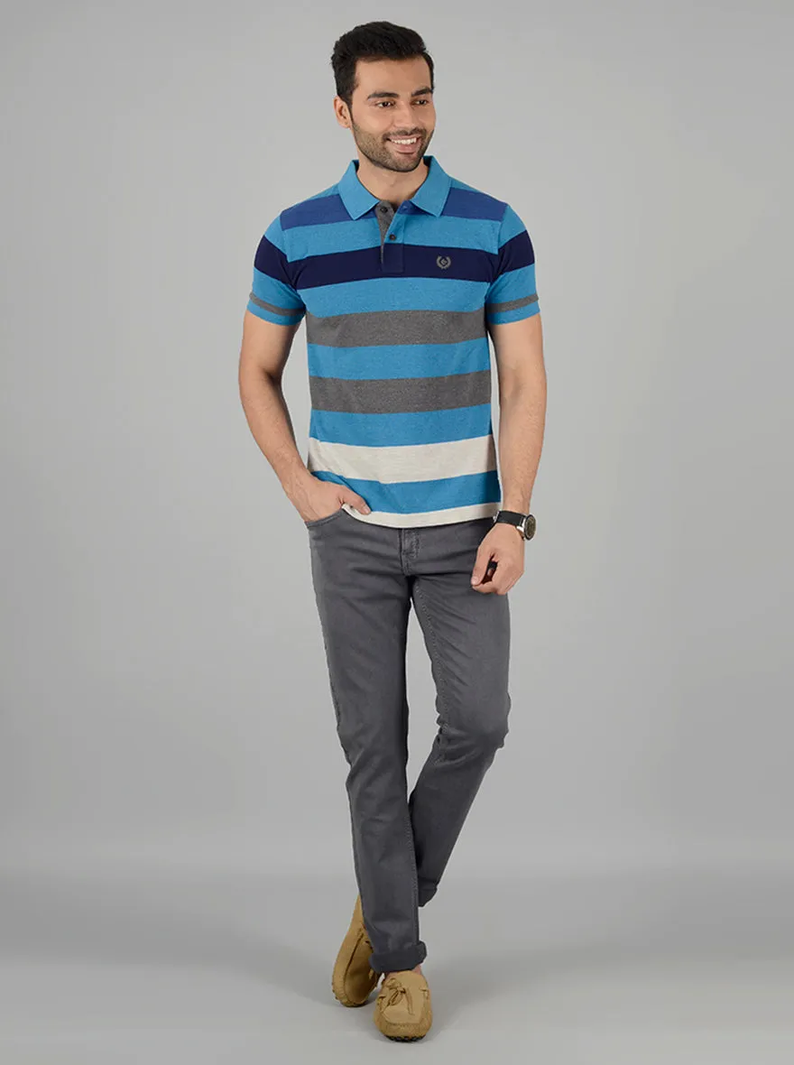 Ecru & Blue Striped Slim Fit Polo T-Shirt | Greenfibre