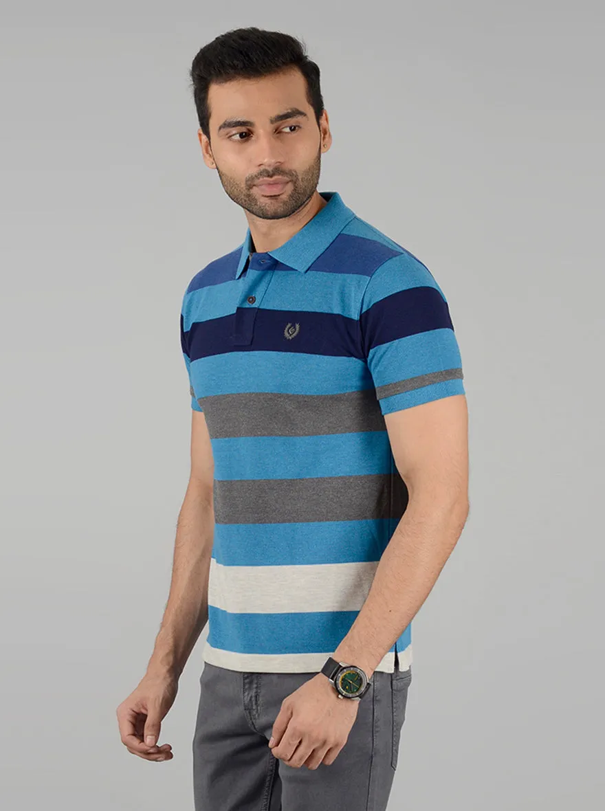 Ecru & Blue Striped Slim Fit Polo T-Shirt | Greenfibre