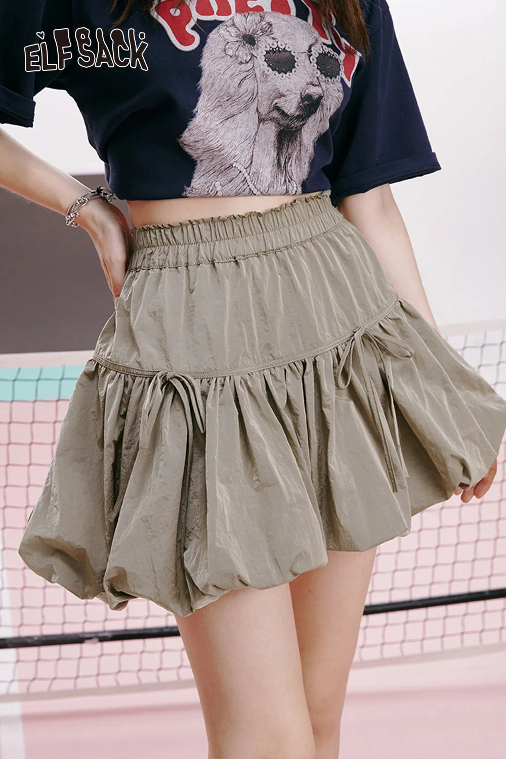 ELFSACK 2024 summer new arrival Dark blue a-line bow bud pleated sweet slim cake skirt for women