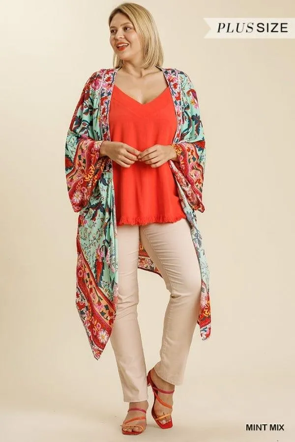 Floral print open front kimono in mint