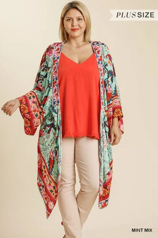 Floral print open front kimono in mint