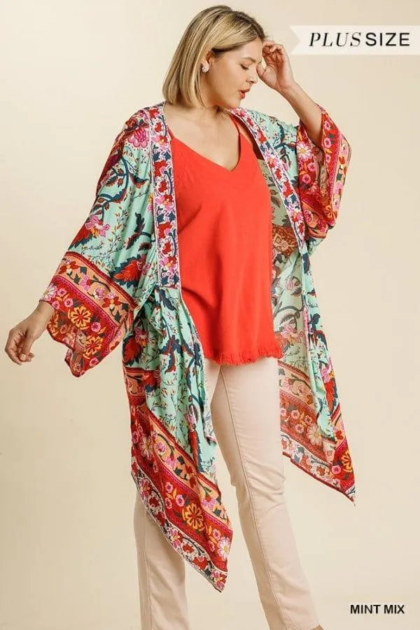 Floral print open front kimono in mint