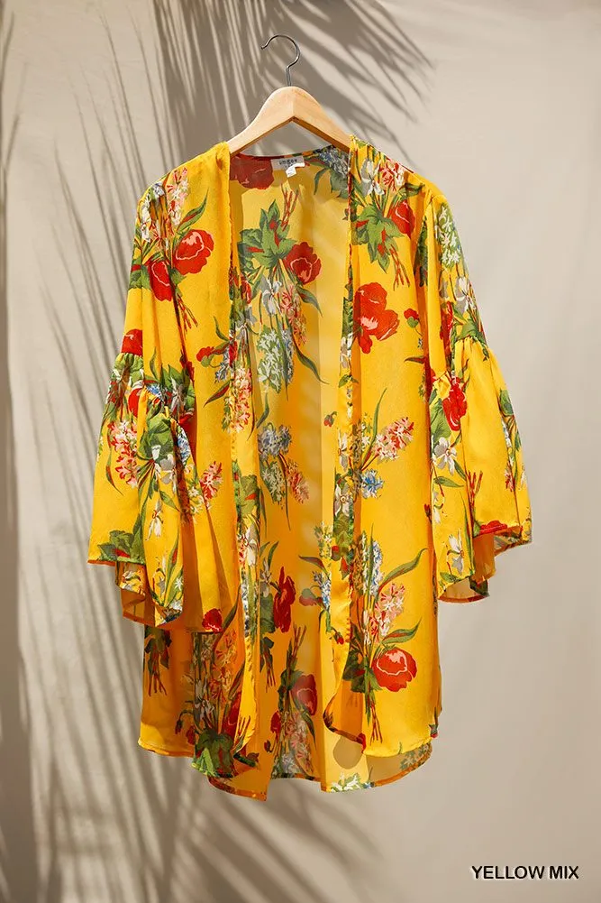 Floral Print Open Front Kimono With Flowy Sleeves