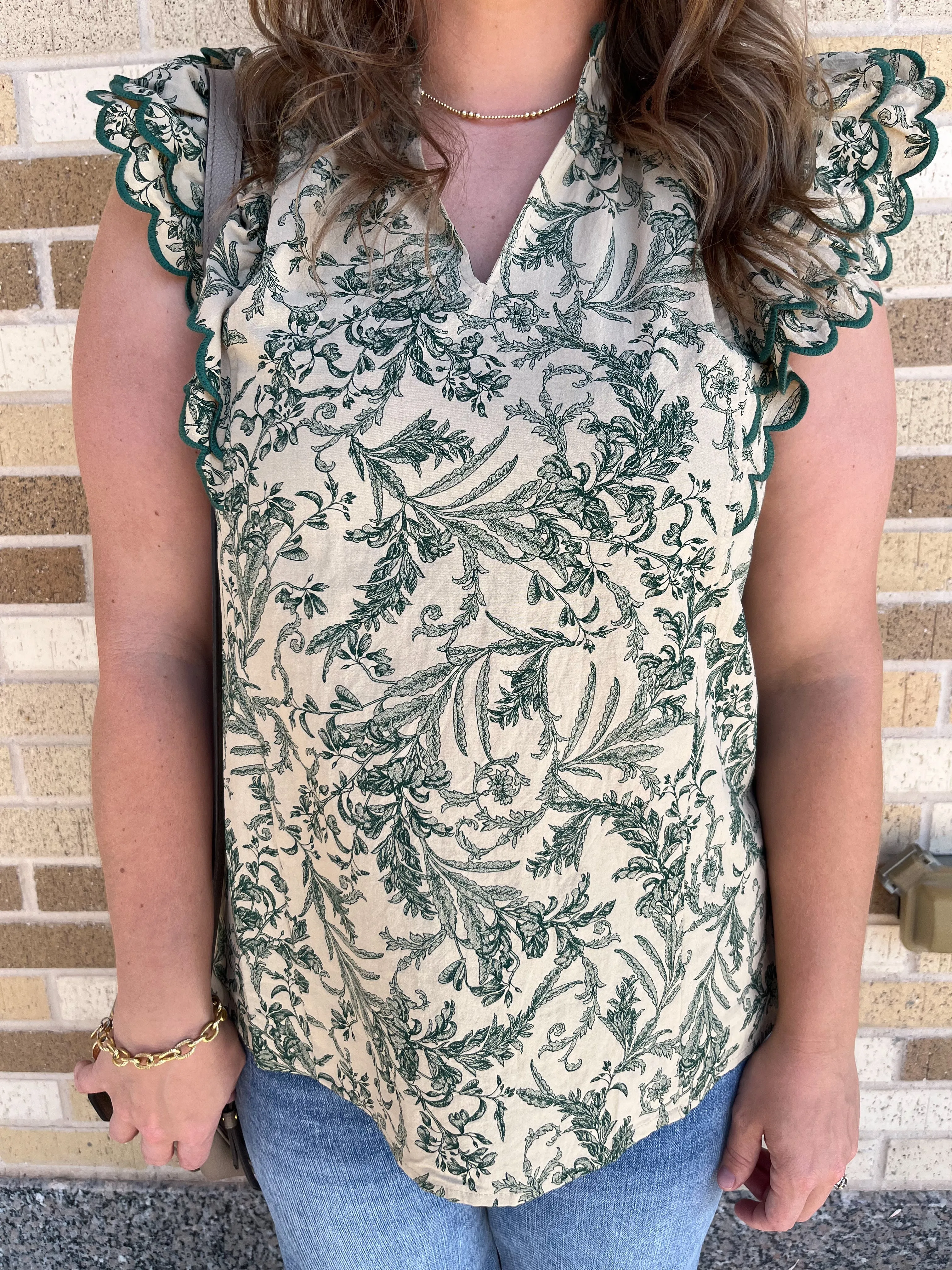 Floral Print V-Neck Top - Hunter Green