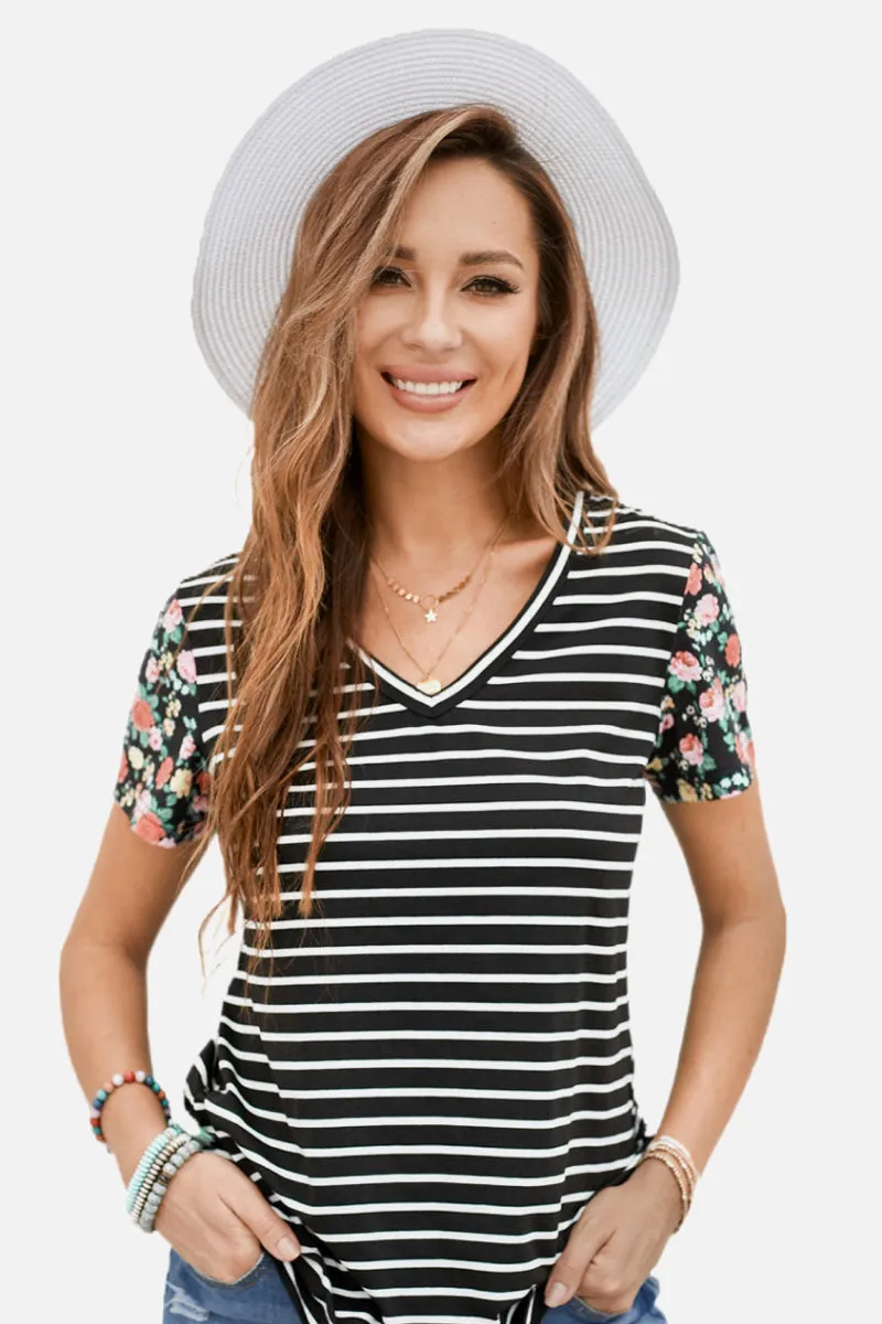 Floral Sleeves Striped T-shirt