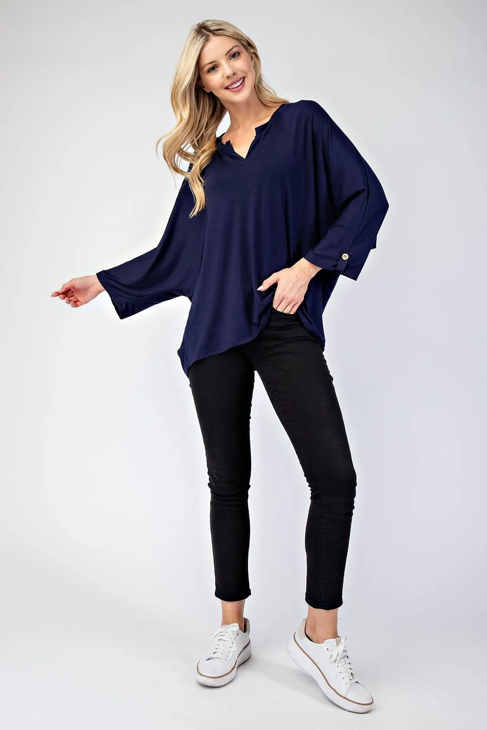 Full Size Notched Three-Quarter Sleeve Blouse