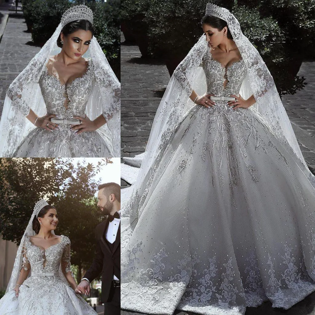 Glamorous Long Sleeve Ball Gown Wedding Dress | Lace Appliques Bridal Gowns On Sale