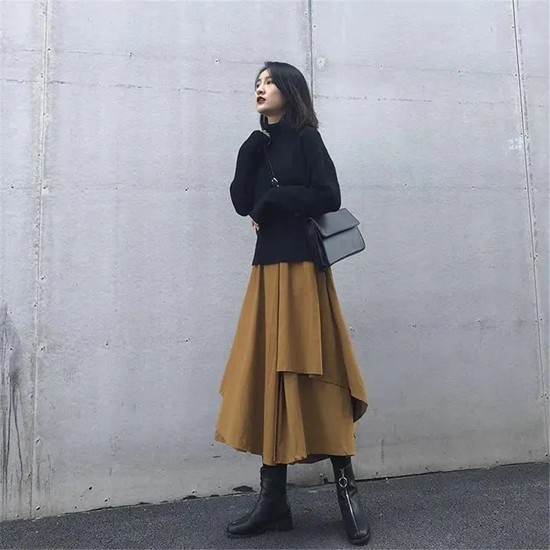 Gothic Asymmetrical Cargo Skirts Women Streetwear Punk Irregular High Waist A Line Pleated Skirt Korean Hip Hop Midi Skirt