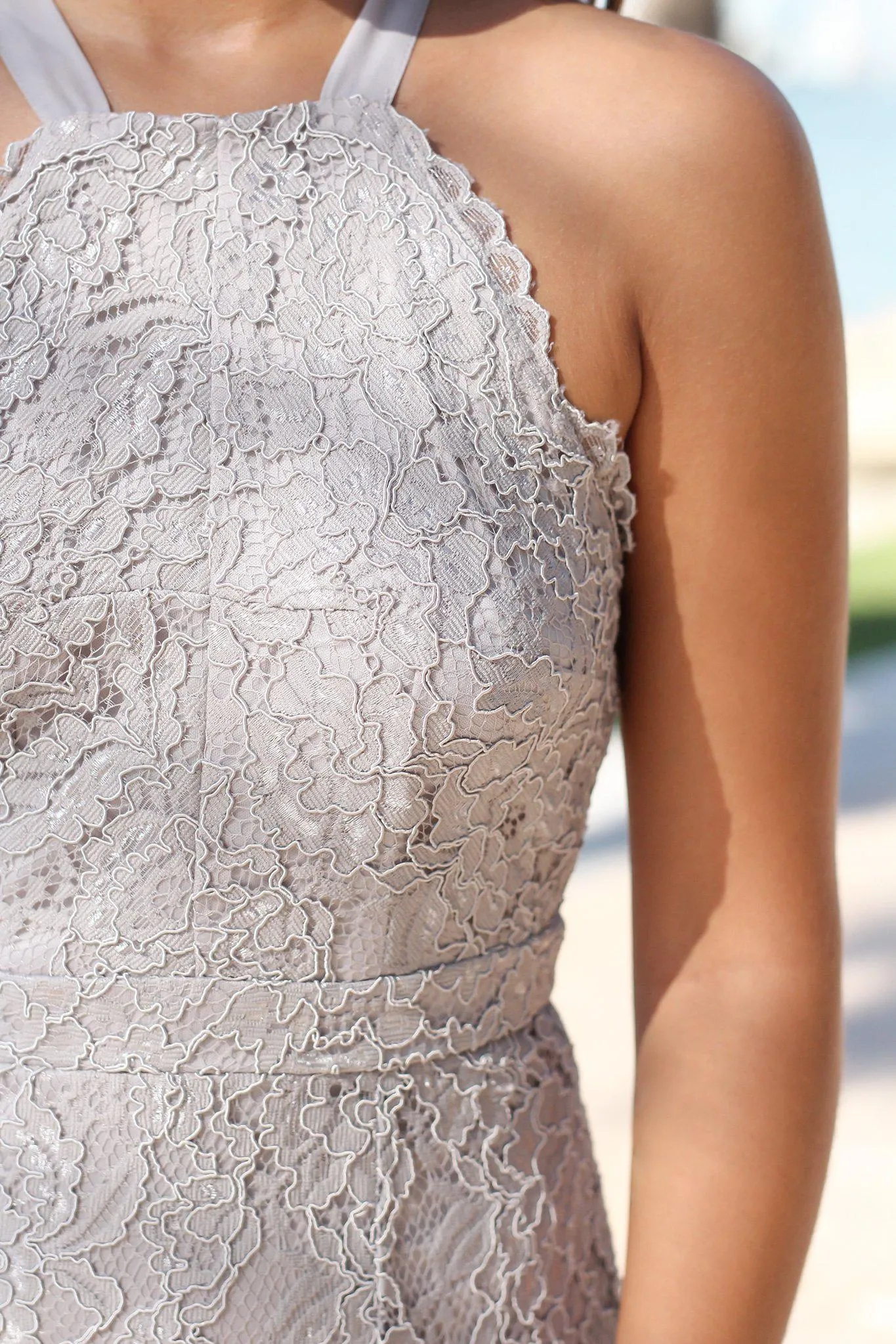 Gray Lace Maxi Dress with Criss Cross Tie Back