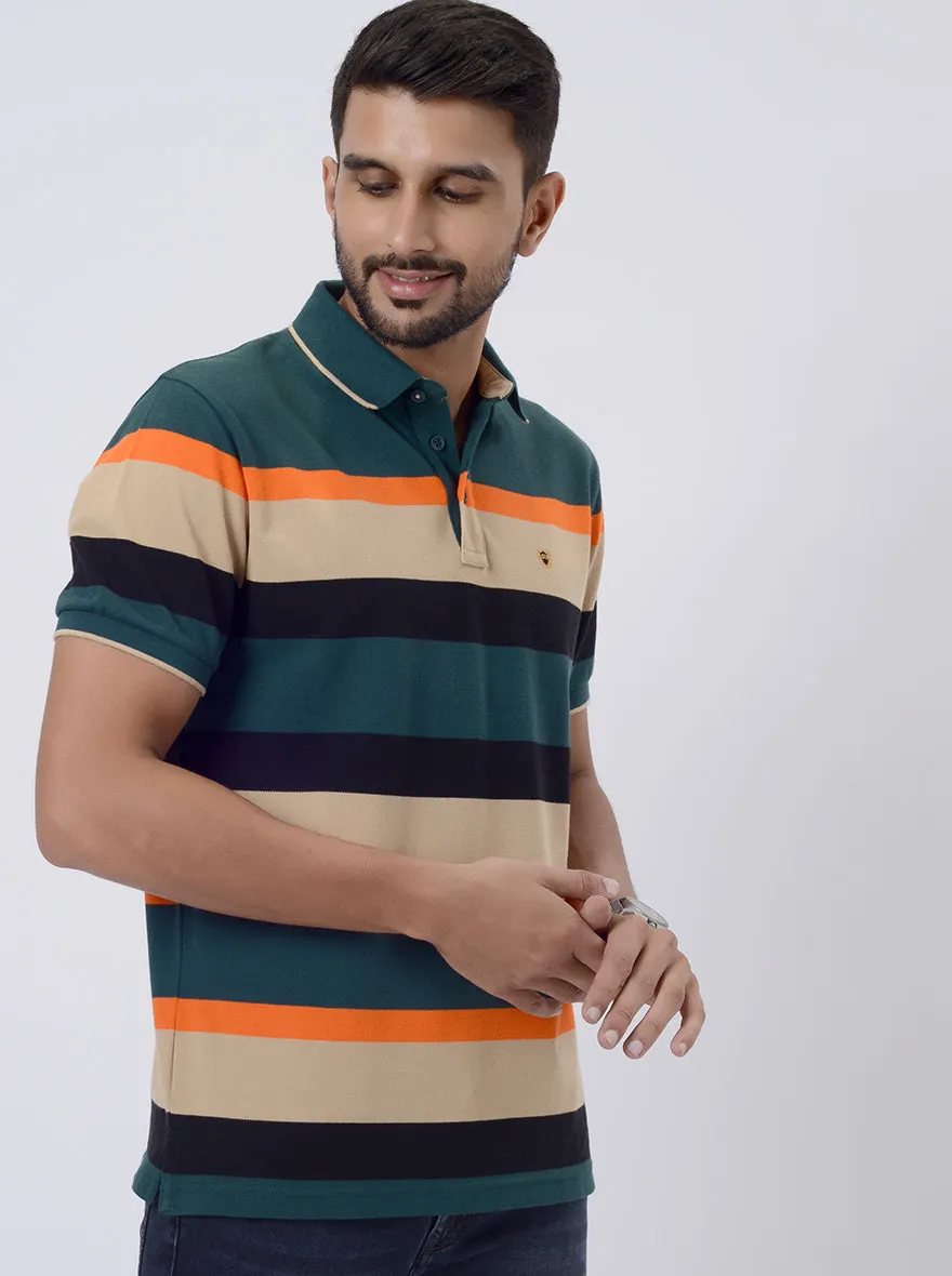 Green & Orange Striped Slim Fit Polo T-Shirt | JadeBlue