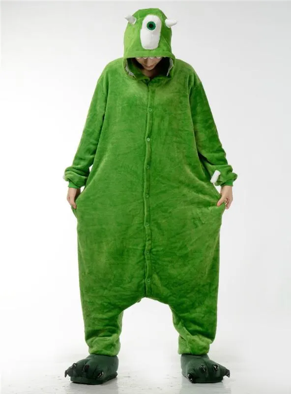 GREEN FLANNEL GREEN ONE-EYED MONSTER CARTOON PAJAMAS