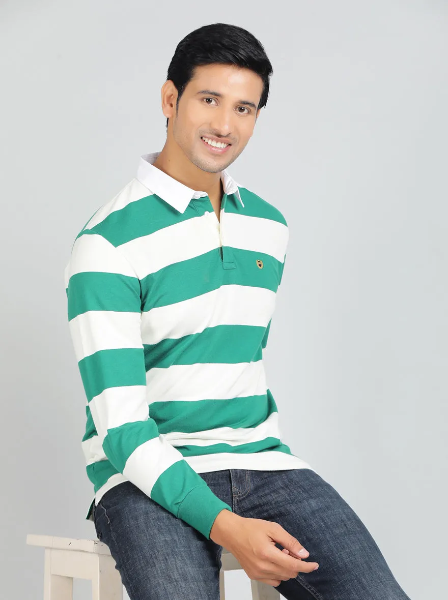 Green Striped Slim Fit Polo T-Shirt | JadeBlue