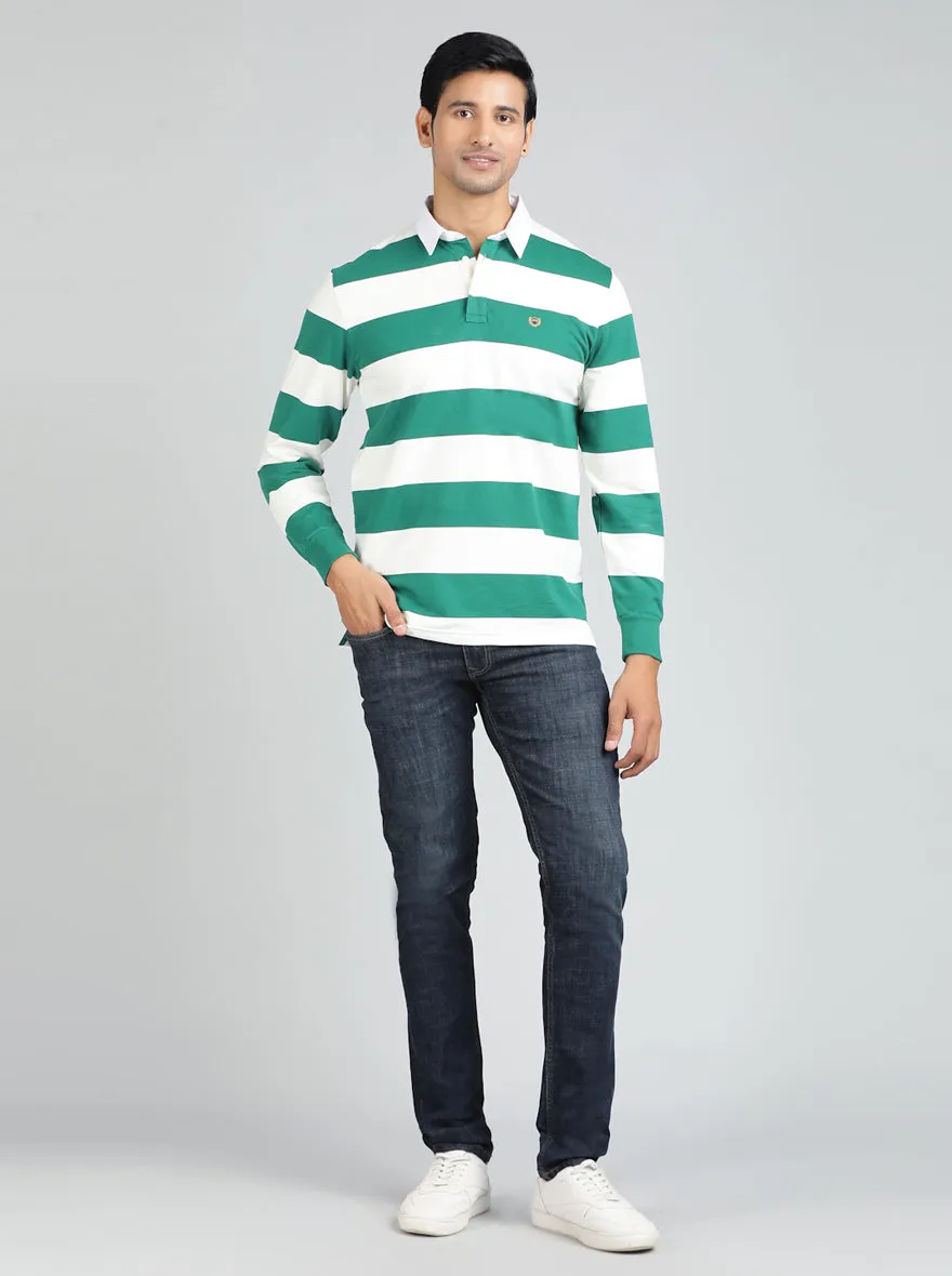 Green Striped Slim Fit Polo T-Shirt | JadeBlue