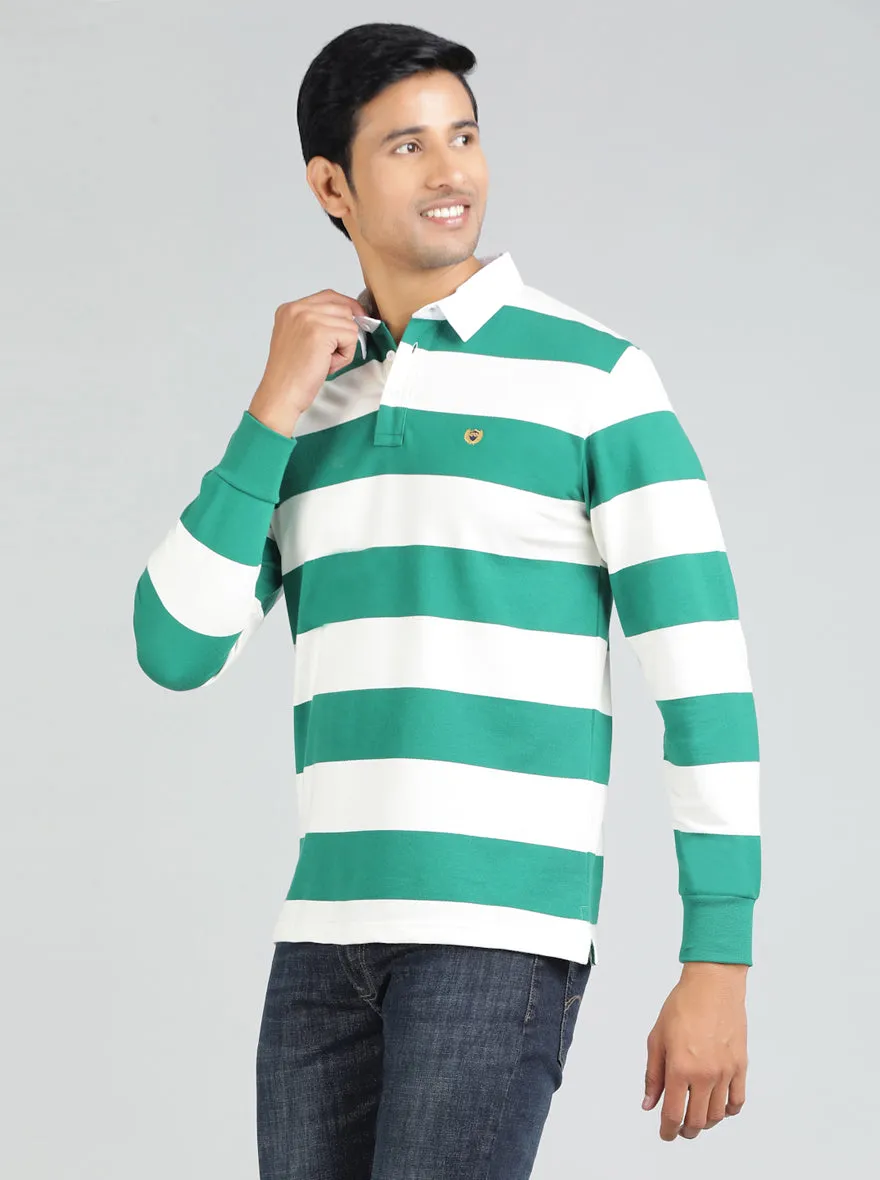 Green Striped Slim Fit Polo T-Shirt | JadeBlue