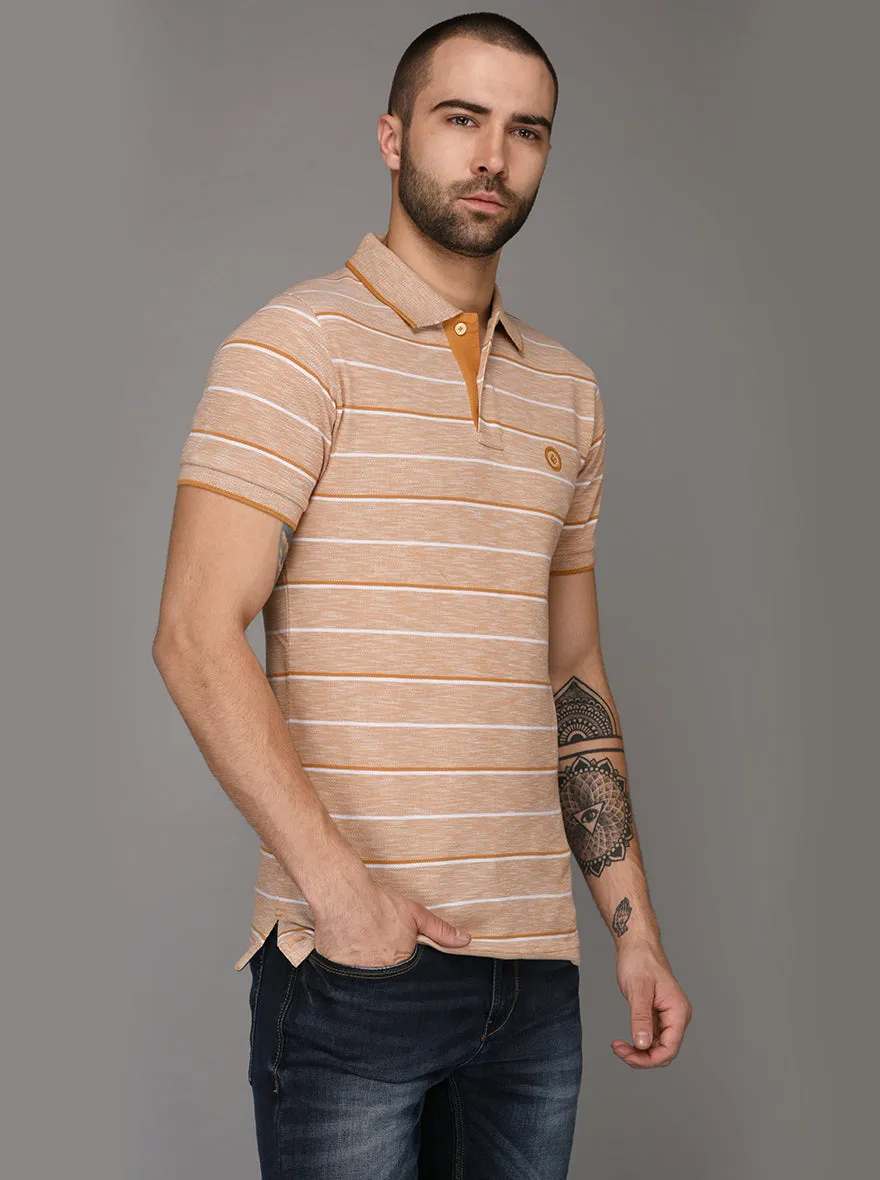 Greenfibre Mustard Yellow Striped Slim Fit Polo T-Shirt