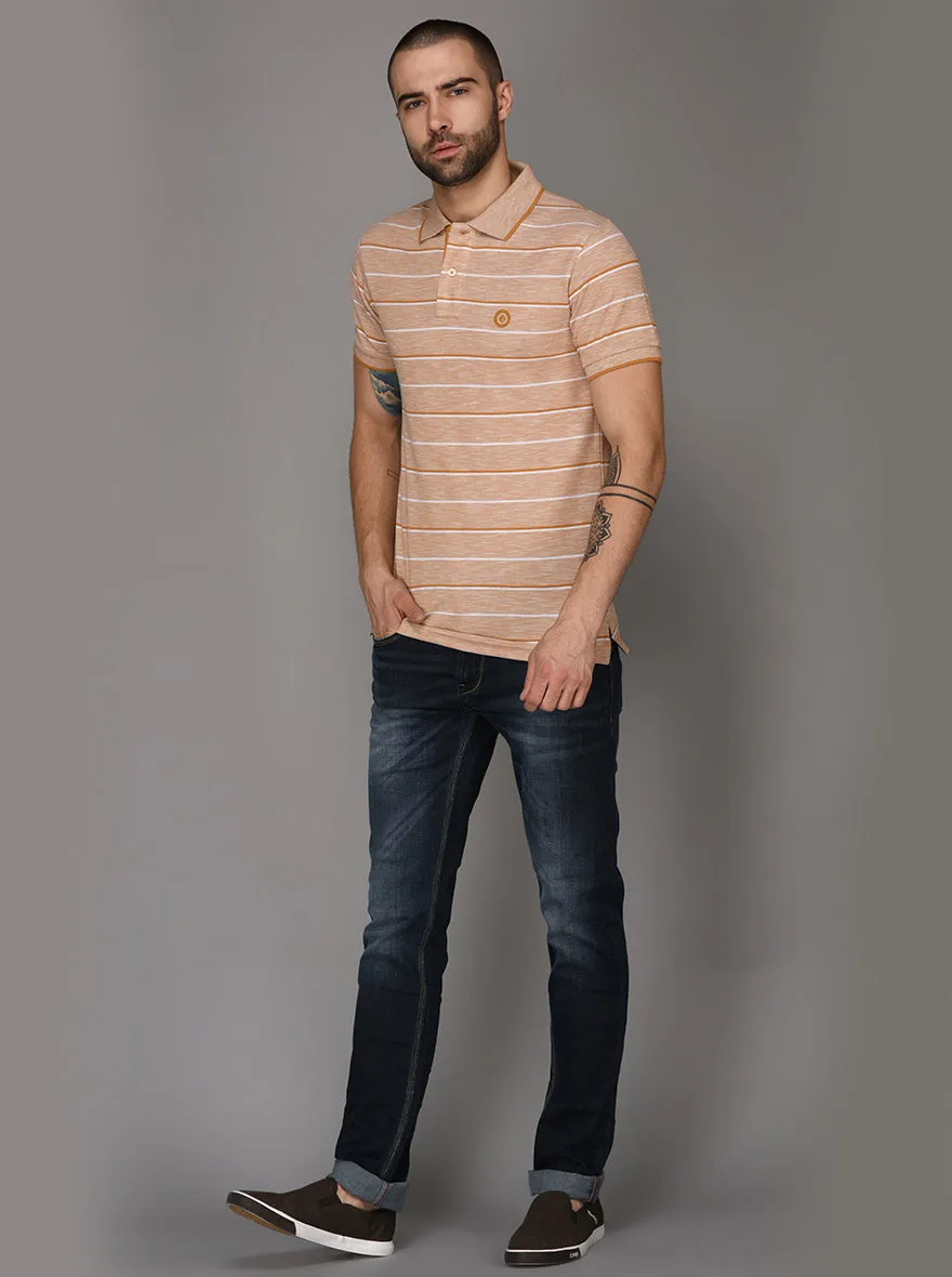 Greenfibre Mustard Yellow Striped Slim Fit Polo T-Shirt