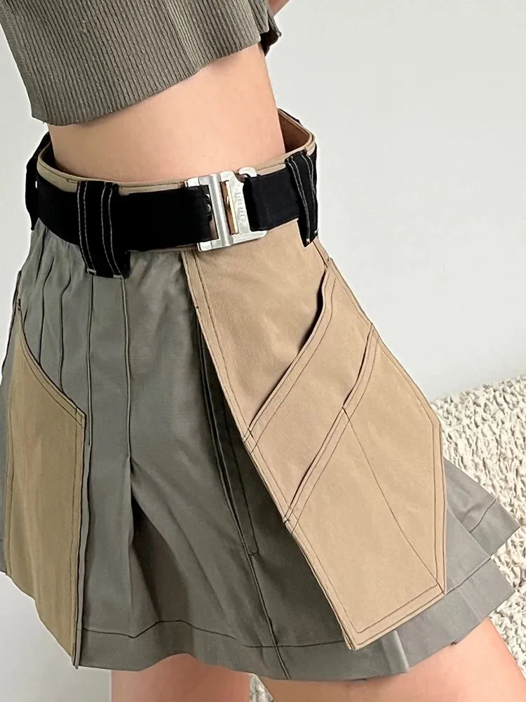 Hit Color Skirts For Women High Waist A Line Patchwork Pleated Casual Mini Skirt Female Fashion Clothing