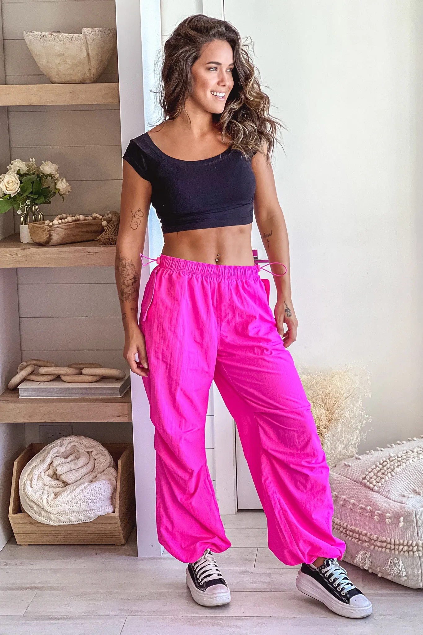 Hot Pink Relaxed Fit Pants With Adjustable Hem