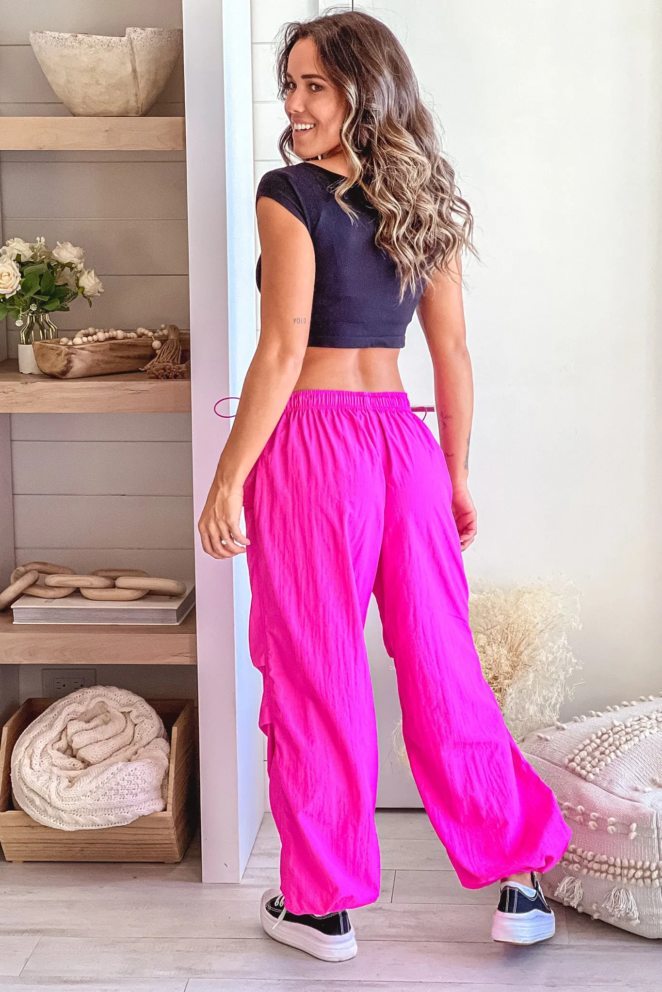 Hot Pink Relaxed Fit Pants With Adjustable Hem