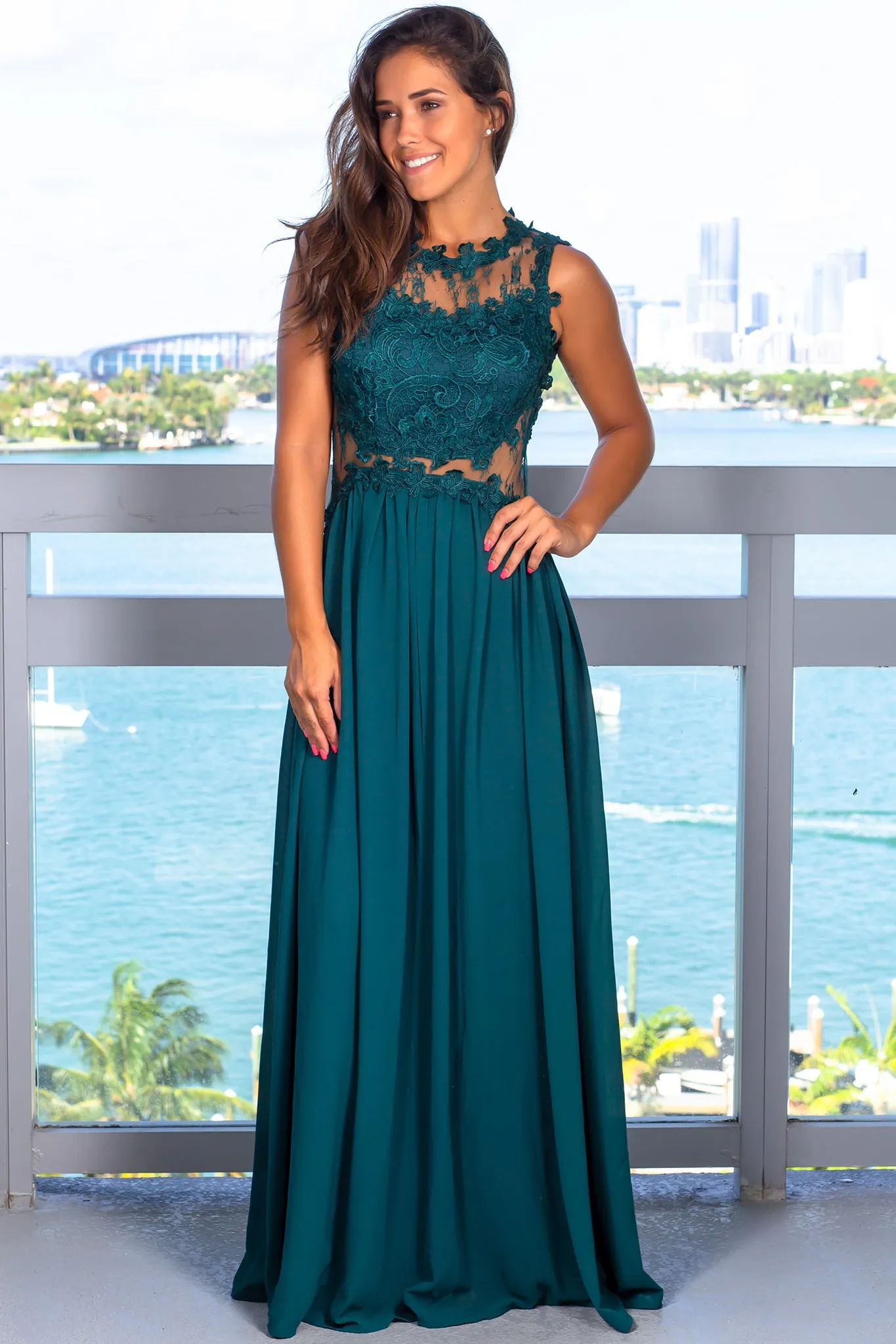 Hunter Green Lace Top Maxi Dress