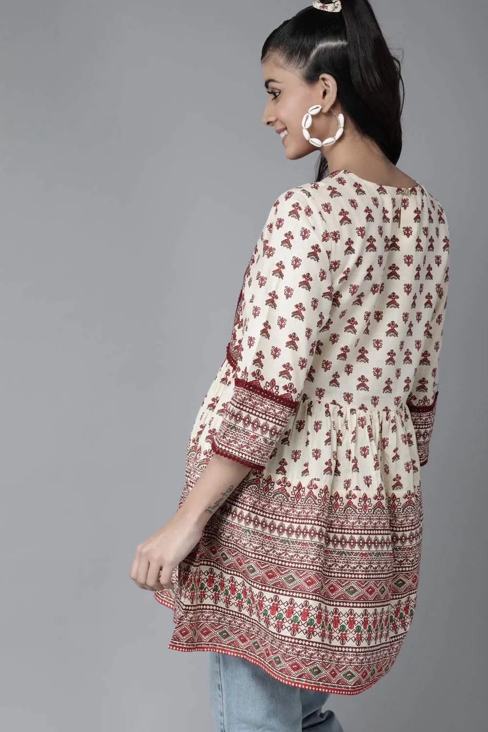 Jashvi Cream cambric floral printed tunic