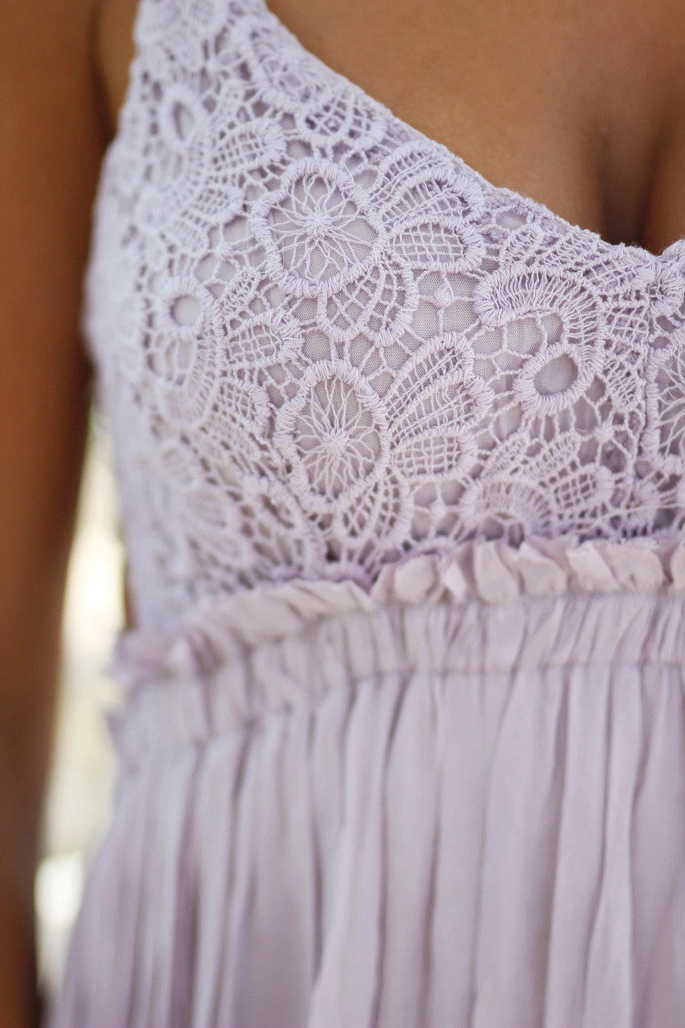 Lavender Lace Maxi Dress with Open Back and Frayed Hem