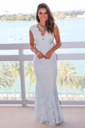 Light Blue Lace Maxi Dress with Mesh Detail