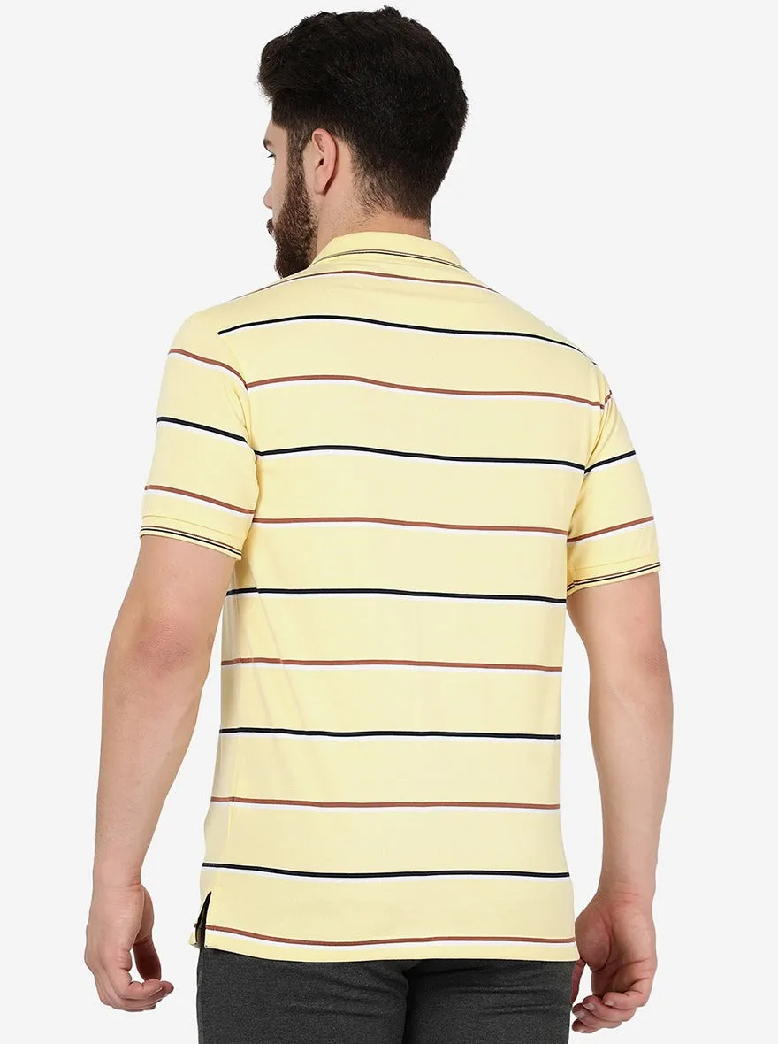 Light Yellow Striped Slim Fit Polo T-Shirt | Greenfibre