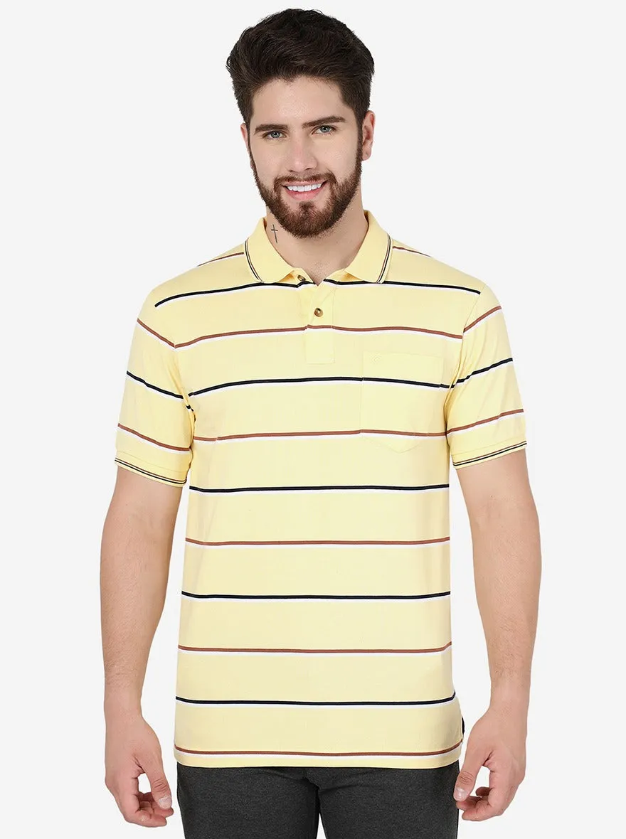 Light Yellow Striped Slim Fit Polo T-Shirt | Greenfibre