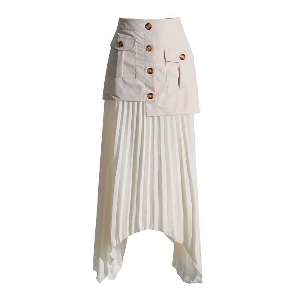 Loose A Line Patchwork Button Skirts For Women High Waist Irregular Hem Pleated Skirt Female Fashion Clothing