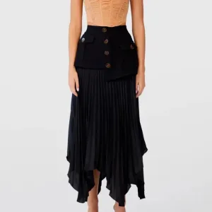 Loose A Line Patchwork Button Skirts For Women High Waist Irregular Hem Pleated Skirt Female Fashion Clothing