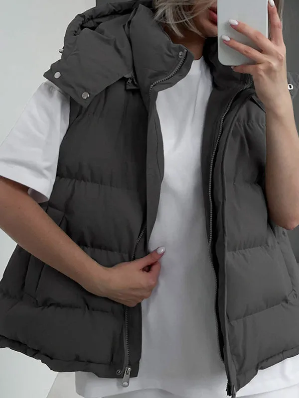 Loose Sleeveless Drawstring Split-Joint Zipper Hooded Padded Vest