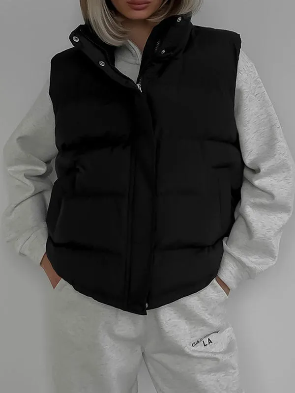 Loose Sleeveless Drawstring Split-Joint Zipper Hooded Padded Vest