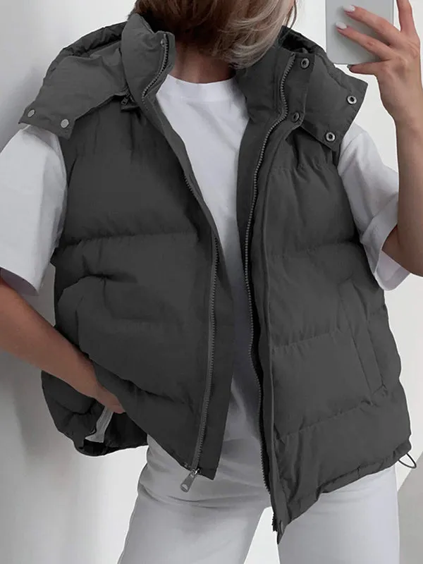 Loose Sleeveless Drawstring Split-Joint Zipper Hooded Padded Vest