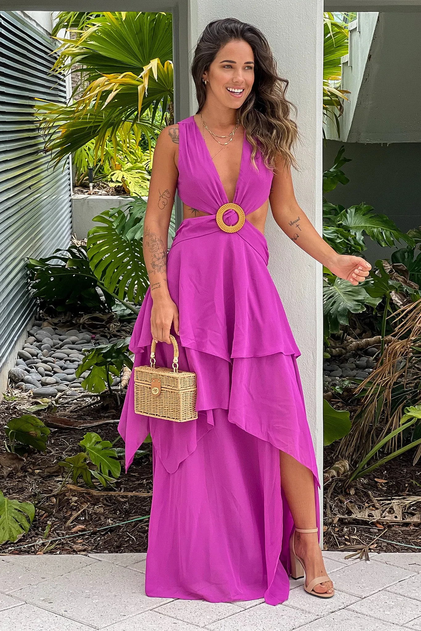 Magenta Layered Maxi Dress With Lace Up Back