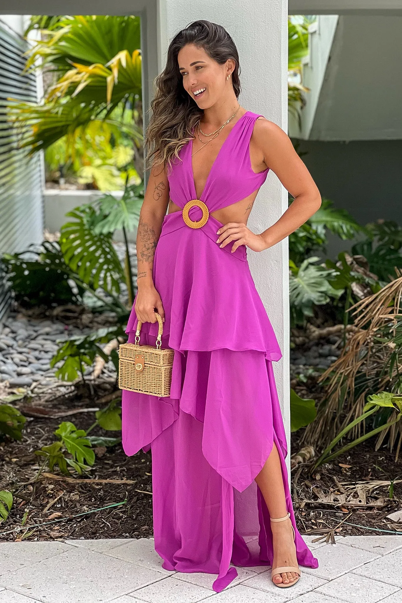 Magenta Layered Maxi Dress With Lace Up Back