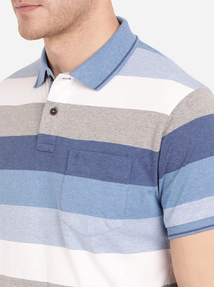 Marine Blue Striped Slim Fit Polo T-Shirt | Greenfibre