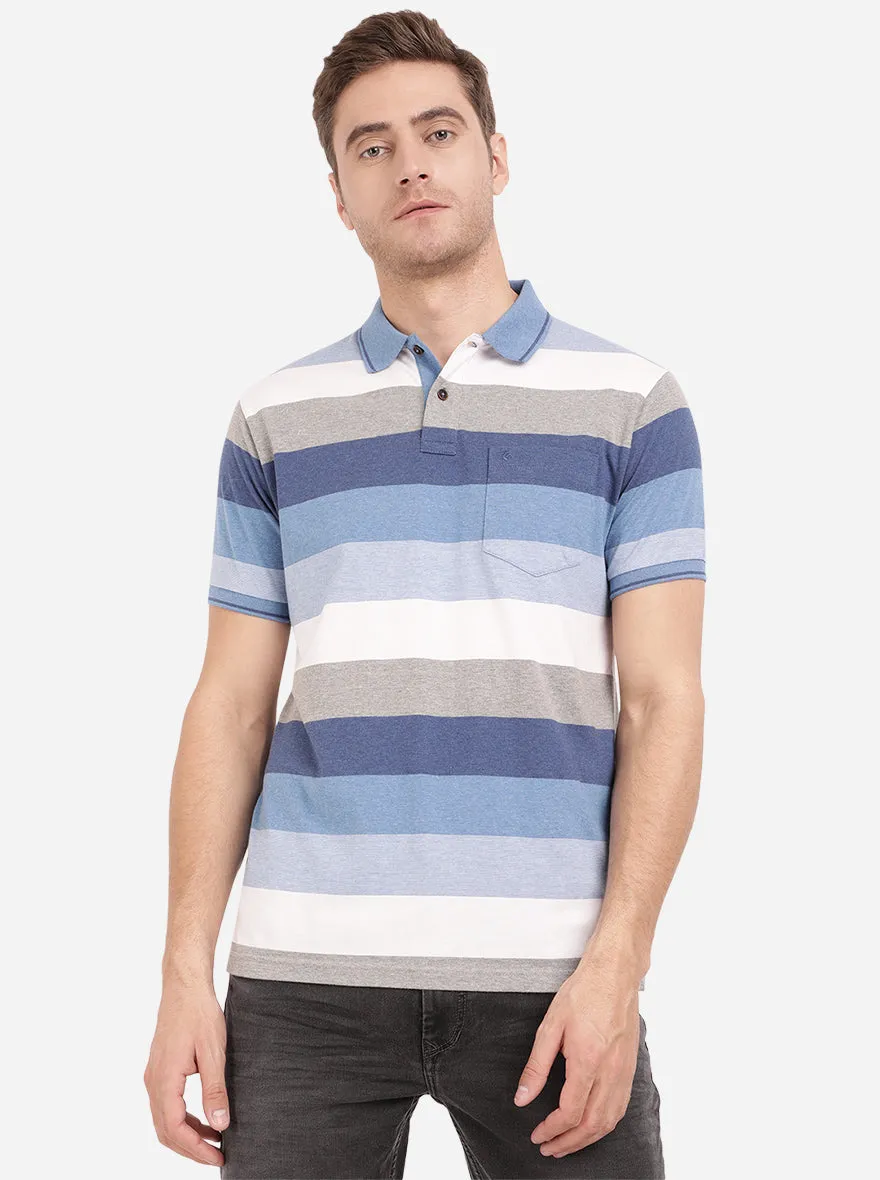 Marine Blue Striped Slim Fit Polo T-Shirt | Greenfibre