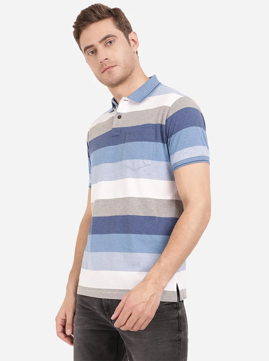 Marine Blue Striped Slim Fit Polo T-Shirt | Greenfibre