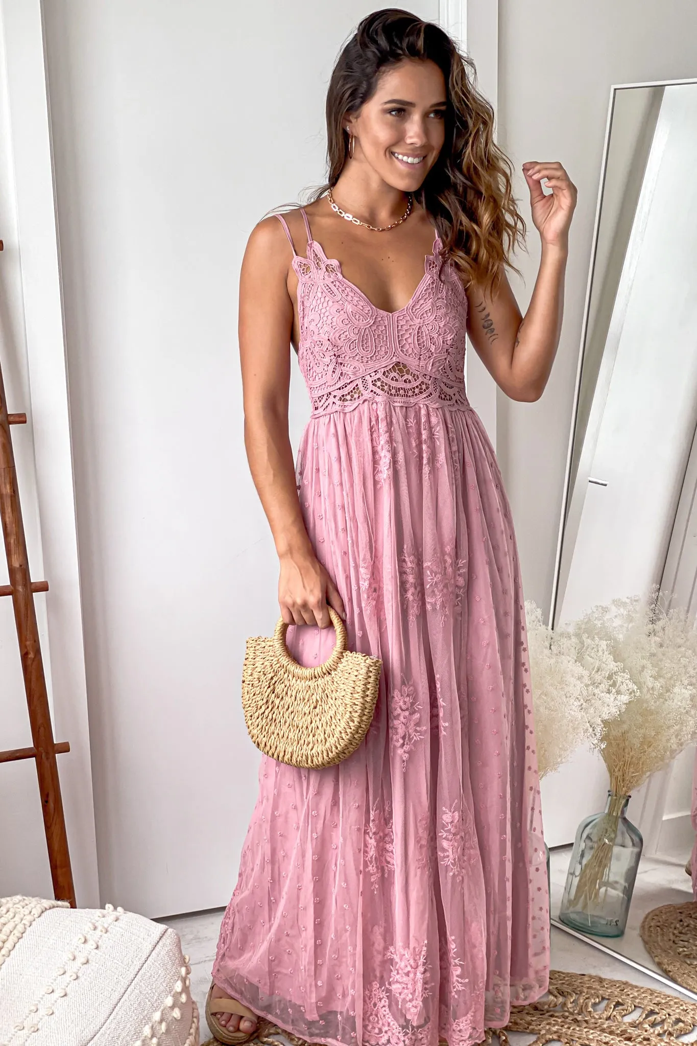 Mauve Lace Maxi Dress With Crochet Top