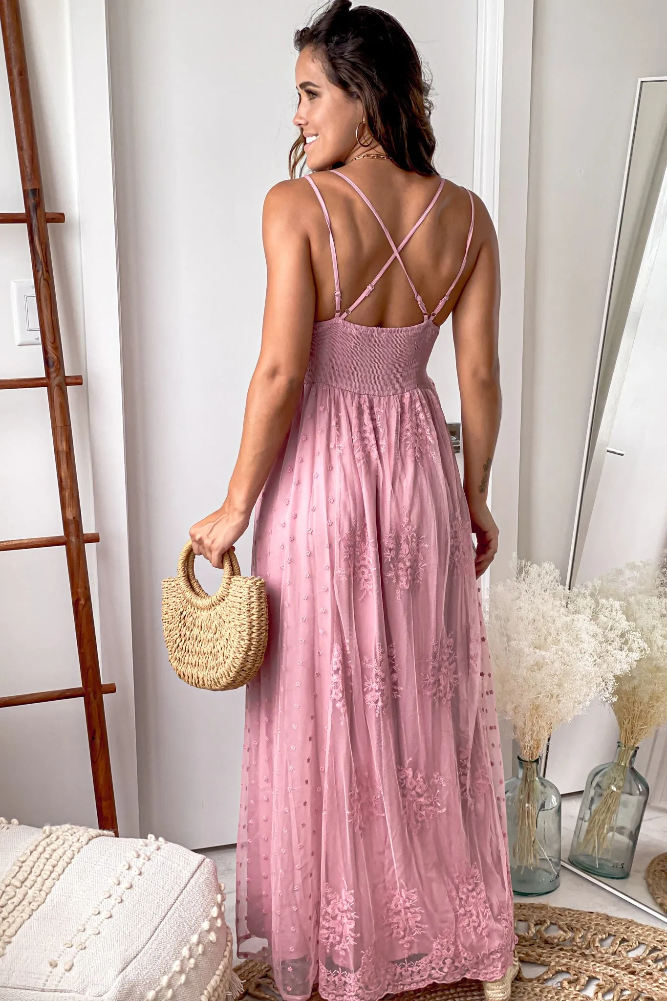 Mauve Lace Maxi Dress With Crochet Top