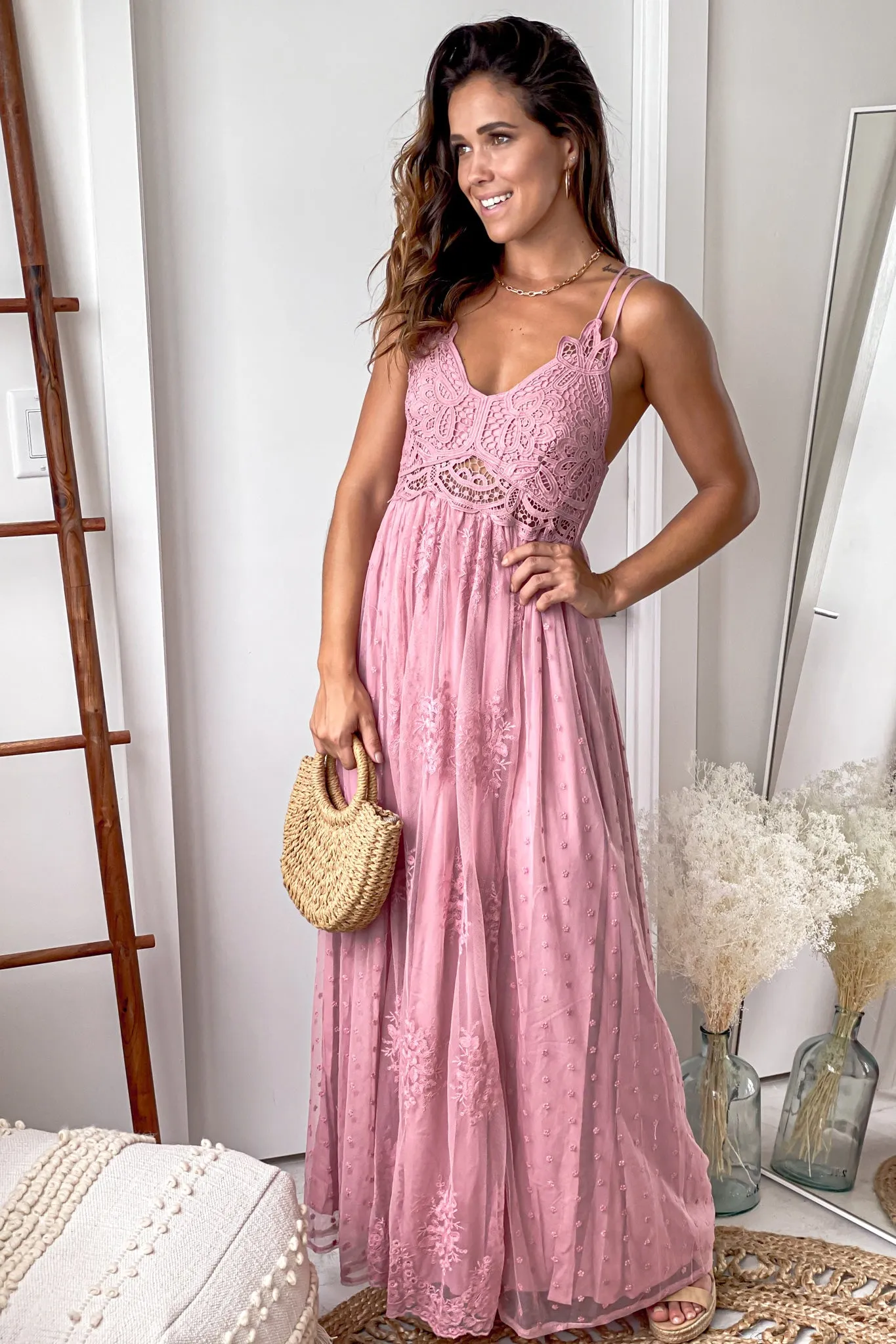 Mauve Lace Maxi Dress With Crochet Top