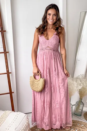 Mauve Lace Maxi Dress With Crochet Top