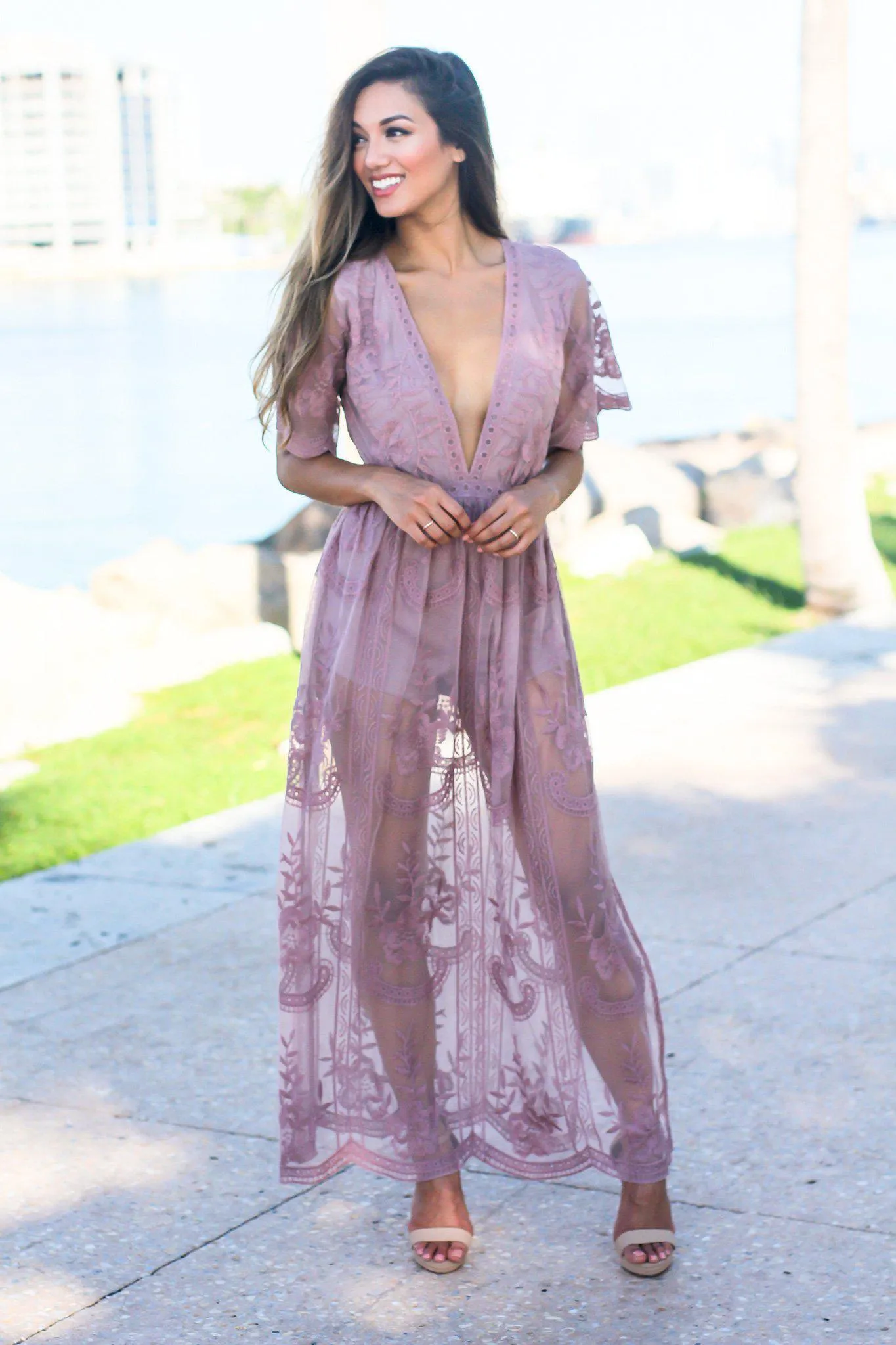 Mauve V-Neck Lace Maxi Romper