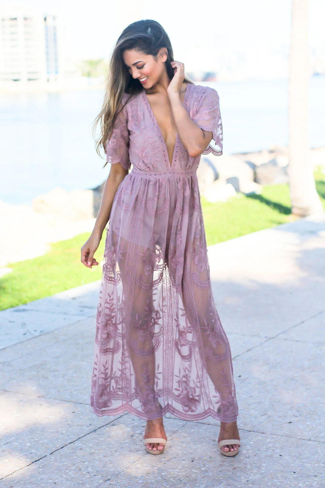 Mauve V-Neck Lace Maxi Romper